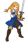 &gt;:( agrias_oaks armor blonde_hair boobplate boots braid breastplate fgz final_fantasy final_fantasy_tactics frown gloves holding holding_sword holding_weapon knee_boots knight long_hair looking_to_the_side no_nose simple_background solo standing sword v-shaped_eyebrows weapon white_background yellow_eyes 