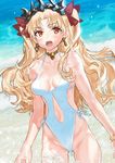  bangs banned_artist blonde_hair blush bracelet breasts collarbone commentary_request cowboy_shot crown ereshkigal_(fate/grand_order) eyebrows_visible_through_hair fate/grand_order fate_(series) jewelry kissai long_hair looking_at_viewer medium_breasts ocean one-piece_swimsuit open_mouth parted_bangs red_eyes solo swimsuit two_side_up wavy_hair white_swimsuit 