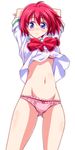  arms_behind_back bangs blouse blue_eyes blush bow bow_panties bra closed_mouth collared_blouse cowboy_shot crotch_seam eyebrows_visible_through_hair frilled_bra frilled_panties frills hibikino_high_school_uniform highres hinomoto_hikari kikuchi_tsutomu lace lace-trimmed_panties looking_at_viewer mole mole_under_eye navel no_pants panties pink_bra pink_panties red_bow red_hair school_uniform short_hair short_sleeves simple_background solo standing sweatdrop tokimeki_memorial tokimeki_memorial_2 underwear upshirt white_background white_blouse 