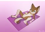  blue_eyes brown_fur canine cub dog ear_tuft female fur lying mammal merenhor navel nipples pussy simple_background smile solo spread_legs spreading towel tuft young 