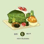  cake food fox fruit green green_background nadia_kim no_humans plate senbei strawberry 