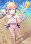  ahoge artoria_pendragon_(all) artoria_pendragon_(swimsuit_archer) bad_id bad_pixiv_id beach bikini blonde_hair breasts cloud day excalibur fate/grand_order fate/stay_night fate_(series) green_eyes highres looking_at_viewer outdoors perspective running side-tie_bikini sky small_breasts solo starfish swimsuit sword twitter_username water_gun weapon yonezawa_mao 