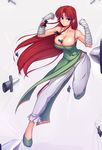  adapted_costume bandaged_arm bandages bangs bare_shoulders between_breasts black_ribbon blue_eyes braid breasts buttons chinese_clothes cleavage clenched_hands collarbone commentary covered_navel dress fighting_stance full_body green_dress green_footwear hair_intakes hair_ribbon hands_up hater_(hatater) highres hong_meiling knife large_breasts leg_up long_dress long_hair looking_at_viewer no_hat no_headwear no_socks pants parted_bangs pelvic_curtain red_hair ribbon serious shoes side_slit sleeveless sleeveless_dress solo torn_clothes torn_pants touhou twin_braids very_long_hair white_pants 