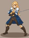  &gt;:) agrias_oaks armor blonde_hair boobplate braid breastplate brown_background brown_eyes brown_hair brown_pants fgz final_fantasy final_fantasy_tactics gloves holding holding_weapon knight long_hair looking_at_viewer pants plate_armor ponytail shadow simple_background smile solo two-handed v-shaped_eyebrows weapon 