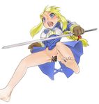 agrias_oaks armor bare_legs barefoot blonde_hair blue_eyes blush bottomless braid brown_gloves censored d: final_fantasy final_fantasy_tactics from_below full_body gloves hair_ribbon holding holding_sword holding_weapon long_hair long_sleeves muhamado open_mouth pussy red_ribbon ribbon sidelocks simple_background single_braid solo sword text_censor weapon white_background 