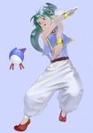  asha_(monster_world) bangs belt blue_background blue_eyes blue_shirt bracelet creature full_body gem green_hair jewelry monster_world monster_world_iv muhamado pants pepelogoo pose shirt simple_background white_pants 