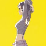  arms_up blue_eyes brown_hair clothes_writing denim hat highres jeans kanzaki_hitomi long_sleeves midriff official_art pants short_hair simple_background solo tenkuu_no_escaflowne unbuttoned_pants wing_print yellow_background yuuki_nobuteru 