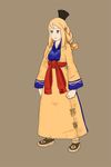  agrias_oaks blonde_hair blue_eyes braid breasts brown_background clenched_hands fgz final_fantasy final_fantasy_tactics full_body hat japanese_clothes jitome long_hair medium_breasts medium_hair simple_background solo standing 