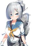  bad_id bad_twitter_id blue_eyes blush breasts eyebrows_visible_through_hair eyes_visible_through_hair gloves grey_skirt hair_between_eyes hair_ornament hair_over_one_eye hairclip hamakaze_(kantai_collection) highres inactive_account kantai_collection large_breasts looking_at_viewer orihi_chihiro pleated_skirt rigging shiny shiny_hair short_hair short_sleeves silver_hair simple_background skirt smile smokestack solo striped striped_skirt turret twitter_username white_background white_gloves 