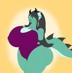  angrypotato96 anthro big_breasts breasts clothed clothing dragon eyewear female glasses hair horn huge_breasts hyper hyper_breasts looking_at_viewer mature_female nipple_bulge solo standing swimsuit thick_lips thick_thighs voluptuous 