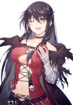  ;d aotetsu apple bandaged_arm bandages bare_shoulders belt beltskirt black_choker black_hair blush braid breasts choker collarbone food fruit highres long_hair looking_at_viewer medium_breasts navel one_eye_closed open_mouth side_braid simple_background smile solo tales_of_(series) tales_of_berseria torn_clothes underboob upper_body velvet_crowe very_long_hair white_background yellow_eyes 