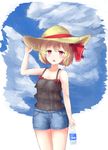  arm_at_side bare_arms bare_shoulders black_camisole blonde_hair blue_sky bottle cloud cowboy_shot day denim denim_shorts fang hair_ribbon hand_on_headwear hat highres looking_at_viewer open_mouth outdoors pocari_sweat red_eyes ribbon rumia sarise0916 short_hair shorts sky solo standing straw_hat sweat touhou 