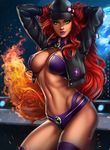  arms_up artist_name baseball_cap bikini breasts cleavage covered_nipples cropped_jacket dandon_fuga dc_comics fire green_eyes hat large_breasts lips long_hair looking_at_viewer midriff open_clothes open_shirt red_hair shirt solo standing starfire swimsuit teen_titans thighhighs toned 