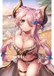  ass_visible_through_thighs beach bikini blue_eyes blush breasts butterfly_earrings cleavage closed_mouth cloud collarbone day double_bun draph granblue_fantasy hair_ornament hair_over_one_eye heart highres horns large_breasts lavender_hair lock long_hair looking_at_viewer low_tied_hair mika_(1020mk) narmaya_(granblue_fantasy) navel ocean outdoors palm_tree pointy_ears sand sky smile solo swimsuit thigh_strap tree water wet white_bikini 