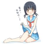  bare_arms bare_legs barefoot black_hair blue_skirt blush brown_eyes chinese collarbone commentary eyebrows_visible_through_hair flying_sweatdrops full_body hatsunatsu head_tilt lifted_by_self looking_at_viewer low_twintails neckerchief no_panties nose_blush original parted_lips pleated_skirt red_neckwear school_uniform serafuku shirt short_twintails simple_background sitting skirt skirt_lift solo sweat translated twintails white_background white_shirt yokozuwari 