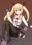  absurdres ass bat black_legwear blonde_hair blush breasts collarbone eyebrows_visible_through_hair head_wings highres long_hair long_sleeves looking_at_viewer medium_breasts mira-sumter open_mouth pantyhose red_eyes shadowverse smile solo twintails vampy 