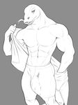  anthro bald board_shorts bulge clothed clothing forked_tongue lizard male monochrome muscular omari reptile scalie solo standing tongue tongue_out topless 