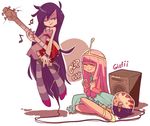  adventure_time amplifier axe bass_guitar beamed_eighth_notes bite_mark blush bow bowtie butler clapping crown cup dress eighth_note fangs froc_coat grey_skin highres instrument long_hair marceline_abadeer mug multiple_girls musical_note one_eye_closed outline peppermint_butler pink_hair princess_bonnibel_bubblegum purple_hair smile snovi striped striped_legwear vampire weapon white_outline 