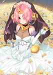  :o blue_eyes breasts bridal_veil chestnut_mouth cleavage dress elbow_gloves fate/apocrypha fate_(series) flower frankenstein's_monster_(fate) gloves hair_flower hair_ornament hair_over_one_eye heterochromia highres holding holding_flower horn looking_at_viewer medium_breasts pink_flower pink_hair pink_rose rose see-through short_hair solo tofu1601 veil wedding_dress white_dress white_flower white_gloves white_rose yellow_eyes 
