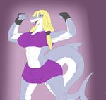  absurd_res angrypotato96 anthro blonde_hair bulge clothing dickgirl fingerless_gloves fish flexing gloves hair hi_res intersex lipstick looking_at_viewer makeup marine muscular nipple_bulge open_mouth shark solo standing tight_clothing 