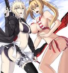  :d :o apron armpits artoria_pendragon_(all) ass asymmetrical_docking bangs bare_shoulders bikini black_bikini black_legwear black_ribbon black_skirt blonde_hair blush breast_press breasts commentary_request fate/grand_order fate_(series) frilled_bikini frilled_skirt frills from_side green_eyes gun hair_intakes hair_ribbon holding holding_gun holding_sword holding_weapon hood hoodie large_breasts long_hair long_sleeves looking_at_viewer looking_to_the_side maid_headdress medium_breasts miniskirt multiple_girls nero_claudius_(fate) nero_claudius_(fate)_(all) nero_claudius_(swimsuit_caster)_(fate) open_clothes open_hoodie open_mouth pale_skin ribbon saber_alter short_hair skirt smile striped striped_bikini swimsuit sword takara_joney thighhighs twintails v-shaped_eyebrows waist_apron weapon yellow_eyes 