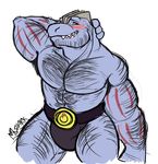  2014 abs anthro armpit_hair belt biceps big_muscles blush body_hair clothed clothing embarrassed fangs flexing hairy hi_res humanoid looking_at_viewer machoke male manlyshark muscular muscular_male nintendo pecs pok&eacute;mon pose simple_background skimpy smile solo speedo stocky swimsuit teeth topless video_games white_background 