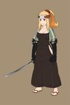  agrias_oaks blonde_hair blue_eyes breasts brown_background cleavage elbow_gloves fgz final_fantasy final_fantasy_tactics full_body gloves headband holding holding_sword holding_weapon jitome katana long_hair medium_breasts no_nose ponytail samurai sandals simple_background solo standing sword weapon 