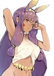  absurdres animal_ears arm_behind_head armpit_peek breasts closed_mouth dark_skin fate/grand_order fate_(series) hairband highres hiranko jackal_ears large_breasts long_hair looking_at_viewer nitocris_(fate/grand_order) purple_eyes sleeveless solo 