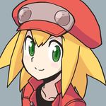  bike_shorts blonde_hair gloves green_eyes hat long_hair muu_(mumumer) open_mouth red_shorts rockman rockman_dash roll_caskett shorts smile 