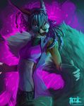  abstract_background anthro black_hair black_lips black_nose claws clothed clothing crop_top dreadlocks fangs feline female fluffy fluffy_tail fur hair inner_ear_fluff mammal midriff multicolored_hair neckerchief open_mouth open_vest pants purple_eyes purple_hair shirt slit_pupils solo tatiilange two_tone_hair unknown_species vest 
