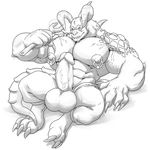  2017 3_toes abs anthro balls biceps big_balls big_biceps big_hands big_muscles big_pecs big_penis biped bottomless claws clothed clothing deathclaw digital_media_(artwork) erection fallout feet greyscale grisser hi_res horn humanoid_penis hyper male monochrome muscular muscular_male nipple_piercing nipples pants partially_clothed paws pecs penis piercing scales sharp_teeth simple_background sitting solo spikes teeth thick_thighs toes topless video_games 