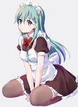  alternate_costume apron aqua_eyes aqua_hair between_legs breasts brown_legwear closed_mouth commentary_request enmaided frills hair_between_eyes hair_ornament hairclip hand_between_legs ica kantai_collection long_hair looking_at_viewer maid maid_apron maid_headdress medium_breasts puffy_sleeves short_sleeves sitting solo suzuya_(kantai_collection) thighhighs wariza 