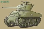  caterpillar_tracks character_name earasensha ground_vehicle gun m4_sherman machine_gun military military_vehicle motor_vehicle no_humans original simple_background tank tank_focus weapon 