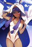  bad_id bad_pixiv_id blush breasts closed_mouth competition_swimsuit dark_skin day facial_mark fate/grand_order fate_(series) gambe highres long_hair looking_at_viewer medium_breasts nitocris_(fate/grand_order) nitocris_(swimsuit_assassin)_(fate) one-piece_swimsuit purple_eyes purple_hair smile solo swimsuit veil 