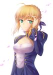  absurdres arm_up artoria_pendragon_(all) blonde_hair blue_ribbon blush breasts cleavage closed_mouth eyebrows_visible_through_hair fate/grand_order fate_(series) green_eyes hair_ribbon hand_on_own_cheek highres looking_at_viewer medium_breasts miuka ribbon saber short_hair smile solo upper_body 