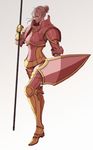  blonde_hair breastplate elfi_(fire_emblem_if) fire_emblem fire_emblem_if full_body gauntlets glaring greaves grey_background highres holding holding_shield holding_weapon long_hair looking_at_viewer pauldrons polearm shield simple_background spear weapon 