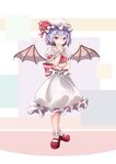  blush closed_mouth eyebrows_visible_through_hair full_body hangyaku_no_kusaichigo hat highres lavender_hair looking_at_viewer mary_janes mob_cap pink_wings red_eyes remilia_scarlet shoes short_hair smile solo touhou wings wrist_cuffs 