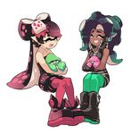 2girls ankle_boots aori_(splatoon) black_footwear black_hair black_shirt black_shorts boots brown_eyes closed_eyes crop_top dark_skin detached_collar domino_mask earrings facing_another fangs food food_on_head full_body gloves green_legwear grin headphones hime_(splatoon) holding hotaru_(splatoon) iida_(splatoon) invisible_chair jewelry long_hair mask midriff mole mole_under_eye mole_under_mouth multiple_girls object_on_head octarian open_mouth pantyhose pointy_ears purple_legwear shirt short_hair short_jumpsuit shorts simple_background sitting smile splatoon_(series) splatoon_2 squid strapless tentacle_hair white_background white_gloves wong_ying_chee 