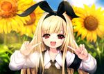  :d armband blonde_hair double_v flower hairband highres hitomaru long_hair looking_at_viewer non-web_source open_mouth original red_eyes smile solo sunflower v 