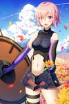  blush breasts eyebrows_visible_through_hair eyes_visible_through_hair fate/grand_order fate_(series) flower hair_over_one_eye highres holding holding_flower holding_shield ji_dao_ji large_breasts looking_at_viewer mash_kyrielight navel open_mouth pink_hair purple_eyes shield short_hair smile solo teeth 