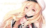  beret blonde_hair blush bug butterfly character_name dress gloves hair_between_eyes hat highres insect kantai_collection long_hair multicolored multicolored_clothes multicolored_gloves nahaki petals richelieu_(kantai_collection) smile solo strapless strapless_dress white_background yellow_eyes 