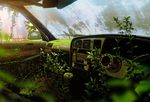  cable car_interior chain-link_fence depth_of_field dust fence green light mirror mocha_(cotton) moss no_humans original overgrown plant right-hand_drive ruins scenery vines window 