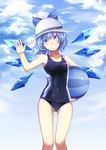  absurdres ball beachball blue_bow blue_eyes blue_hair blue_wings blush bow cirno eyebrows_visible_through_hair hair_bow hat highres holding holding_ball ice ice_wings looking_at_viewer mulu one-piece_swimsuit parted_lips school_swimsuit smile solo swimsuit teeth touhou white_hat wings 