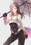  :d bad_id bad_pixiv_id banned_artist bare_hips belt black_gloves black_pants breasts brown_eyes brown_hair commentary_request covered_navel cowboy_shot gloves heterochromia holding holding_umbrella jewelry kyoeiki long_hair long_sleeves looking_at_viewer medium_breasts multicolored_hair necklace neo_(rwby) open_mouth pants pink_eyes pink_hair rwby simple_background skin_tight smile smirk solo two-tone_hair umbrella white_background 