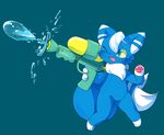  ambiguous_gender anthro japanese_meowstic meowstic nintendo one_eye_closed pok&eacute;mon simple_background solo standing video_games water_gun 