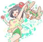  1girl arm_up armpits beak beanie bird black_eyes black_hair blush bracelet chorimokki from_side green_eyes green_shorts hand_up happy hat jpeg_artifacts looking_at_viewer looking_to_the_side mizuki_(pokemon_sm) one_eye_closed open_mouth pokeball pokemon pokemon_(creature) pokemon_sm red_hat rowlet shirt short_hair short_sleeves shorts simple_background smile standing teeth undershirt white_background wings wink yellow_shirt 