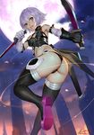  ariverkao armpits ass bandages black_legwear blade fate/apocrypha fate_(series) fingerless_gloves from_behind gloves green_eyes grin jack_the_ripper_(fate/apocrypha) midair midriff moon navel smile solo thighhighs thong 