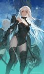  black_footwear black_leotard blurry boots collarbone copyright_name dutch_angle floating_hair grey_eyes hair_between_eyes highres holding holding_sword holding_weapon leotard long_hair multiple_girls outdoors parted_lips pixiv_fantasia pixiv_fantasia_revenge_of_the_darkness silver_hair strapless strapless_leotard swd3e2 sword thigh_boots thighhighs very_long_hair weapon 