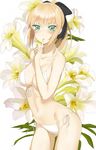  ahoge artoria_pendragon_(all) bad_id bad_pixiv_id bare_shoulders bikini black_ribbon blonde_hair blush breasts cleavage collarbone commentary cowboy_shot fate/stay_night fate_(series) finger_to_mouth floral_background flower front-tie_bikini front-tie_top green_eyes hair_ribbon highres lily_(flower) long_hair looking_at_viewer medium_breasts navel ponytail ribbon saber_lily side-tie_bikini solo standing swimsuit throtem white_bikini 