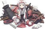  armor blush cannon fang fingerless_gloves flag gloves grey_eyes hat inuyama_(oshiro_project) isegawa_yasutaka long_hair looking_at_viewer official_art open_mouth oshiro_project silver_hair sitting solo transparent_background white_flag 